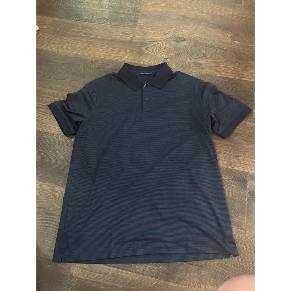 Perry Ellis Mens Polo Shirt Navy Blue Short Sleeve Micro Stripe Polyester Medium